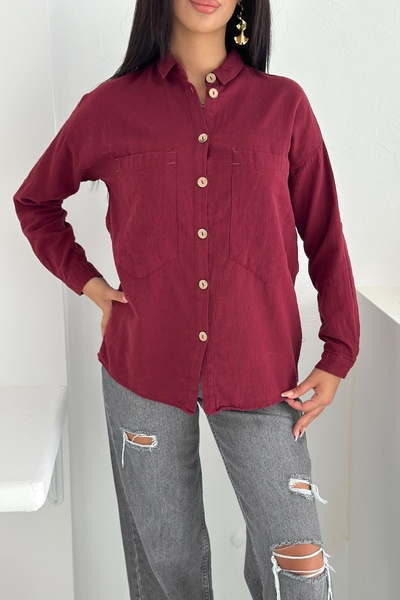 FEMELLE Women's Burgundy Wooden Button Folding Sleeve Double Pocket Casual Flowy Loose Fit Shirt