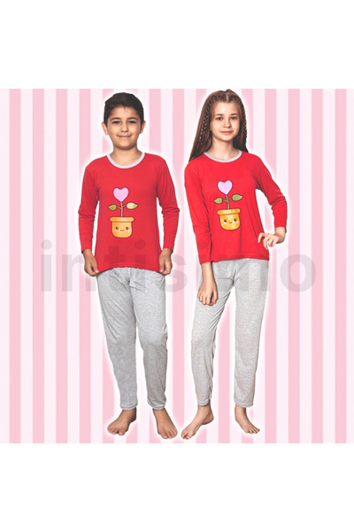 Intisimo Children's Pajamas, Girls/Boys, Blouse + Long Pants, Family Flower Print, Red/Grey -