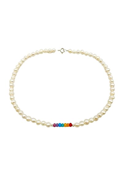 Abundo Colier "Rainbow" din perle de cultură și jad curcubeu cu accesorii din argint 925, 39 cm