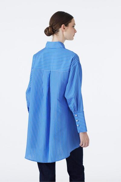 Zühre Striped Stone Embroidered Blue Tunic T-1544