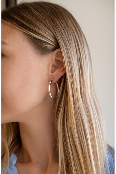 VogueDiamond Minimal Işıltı 14 Ayar Beyaz Altın Halka Küpe