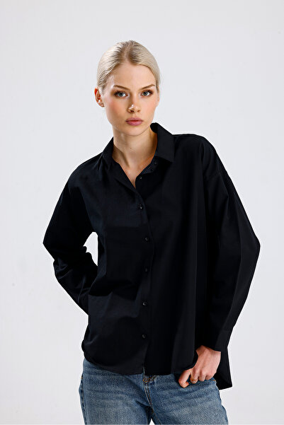 nikka Kadın Siyah Oversize Uzun Basic Gömlek