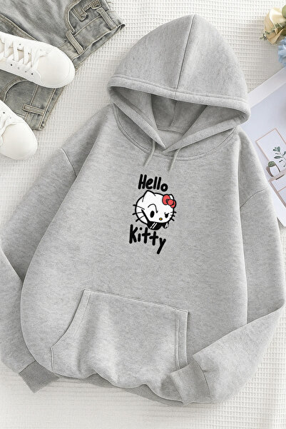 De Carte Дамски черен и сив суитшърт с качулка с принт  "Подозрителен поглед ...