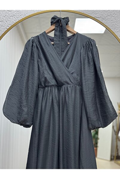 BENAHOLL Lisuna Çapraz Biyeli Kuşaklı Tül Elbise-EK565.2 Antrasit