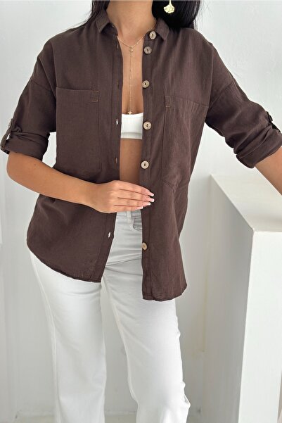 FEMELLE Γυναικείο πουκάμισο με καφέ ξύλινο κουμπί με πτυσσόμενο μανίκι με διπλή τσέπη Casual Flowy Loose Fit