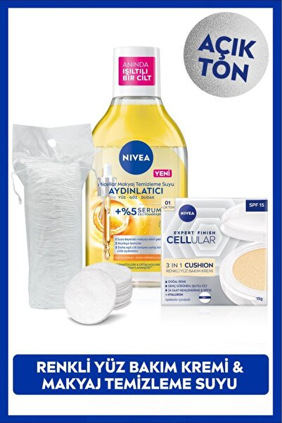 NIVEA Micellar Makyaj Temizleme Suyu 400ml ve Cellular Expert Cushion Yüz Güneş Krem,Açık Ton,Pamuk Hediye
