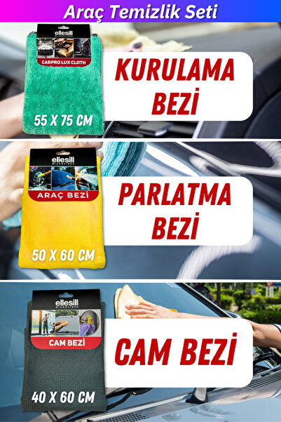 Ellesill Araç Temizlik Bezi 3’lü Mikrofiber Oto Yıkama Seti | Cam Bezi, Kurul...