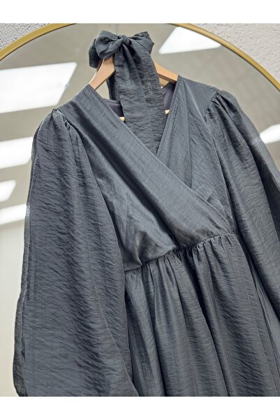 BENAHOLL Lisuna Çapraz Biyeli Kuşaklı Tül Elbise-EK565.2 Antrasit