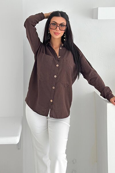 FEMELLE Γυναικείο πουκάμισο με καφέ ξύλινο κουμπί με πτυσσόμενο μανίκι με διπλή τσέπη Casual Flowy Loose Fit