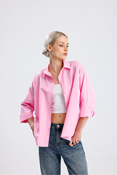 nikka Kadın Pembe Oversize Uzun Basic Gömlek
