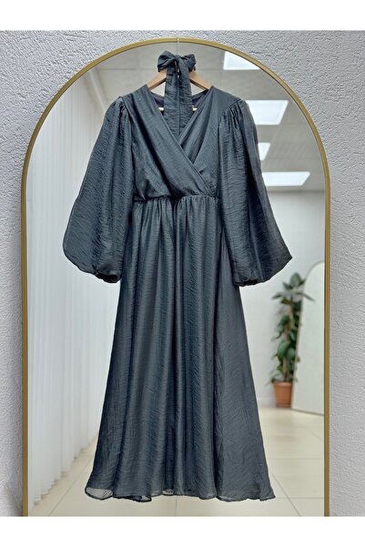 BENAHOLL Lisuna Çapraz Biyeli Kuşaklı Tül Elbise-EK565.2 Antrasit