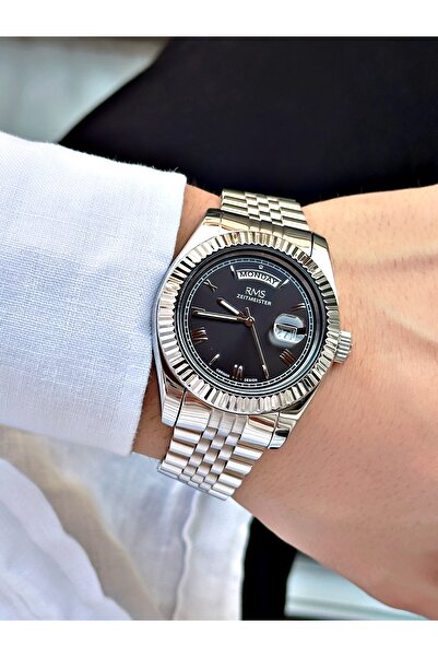 Romanson Silver-Black Color Steel Cord Steel Case Men's Wrist Watch with Calendar 1349.05Mr