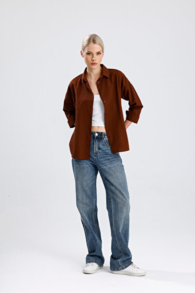 nikka Kadın Kahverengi Oversize Uzun Basic Gömlek