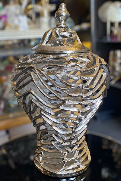 LEMİ DEKORASYON Peacock Döküm Dekoratif Kapaklı Gümüş Küp 39 Cm