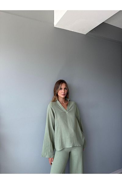 AlisaSu Double Breasted Lapel Spanish Sleeve Blouse Lace-Up Trousers Linen Suit