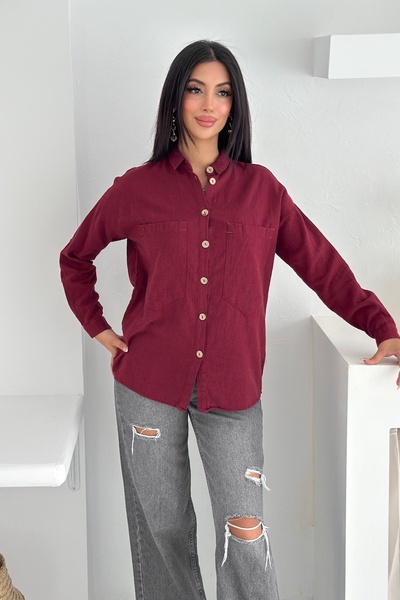 FEMELLE Women's Burgundy Wooden Button Folding Sleeve Double Pocket Casual Flowy Loose Fit Shirt