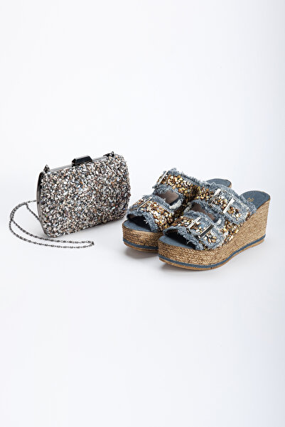 DYG STORE GRİ ALAÇATI TAŞLI MODERN TERLİK VE ÇANTA KOMBİN