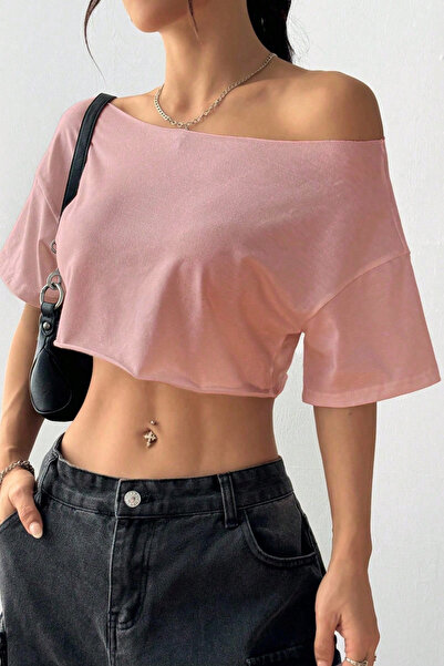 COOL TARZ Γυναικείο ροζ μπλουζάκι με λαιμόκοψη σε σχήμα καγιάκ, oversize crop