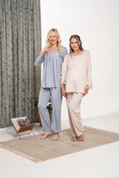 LOHOUSE Women's Aviator Muslim Woven Long Sleeve Maternity Maternity Pajama Set with Maternity Dress
