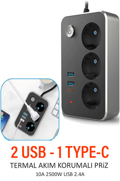 EXENAR USB Type-C Priz Dönüştürücü Şarj Adaptörü Priz-2 USB-1 Type-C 2 M Kablo Girişli Çoklu Fiş 2500W