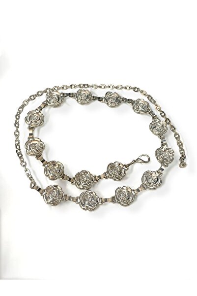 Kemerix Women's Original Tarnish Silver Rose Detailed Chain Belt