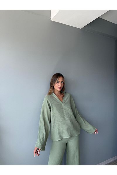 AlisaSu Double Breasted Lapel Spanish Sleeve Blouse Lace-Up Trousers Linen Suit