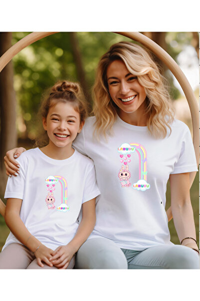 ASELİNDA Tricou combinat pentru mamă-fiu cu imprimeu Rainbow și Labubu (adăug...