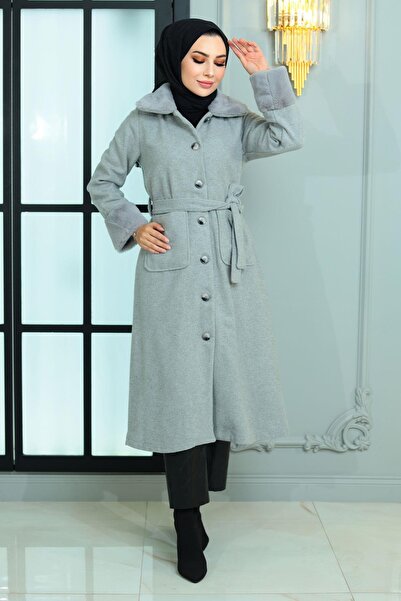 Missvalle Λεπτομερές γούνινο παλτό γκρι 19175