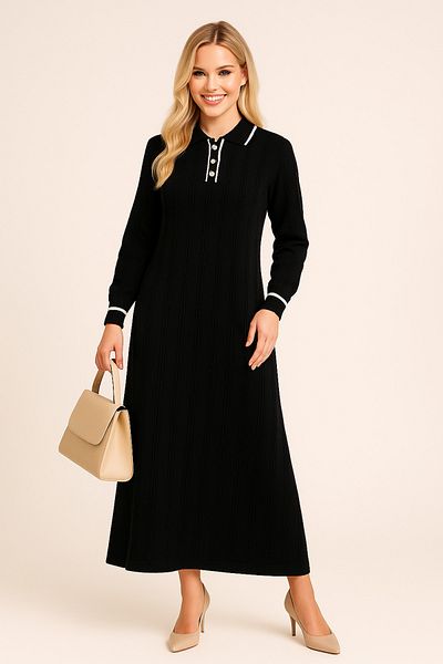 semela New Season Buttoned Polo Neck Long Knit Dress