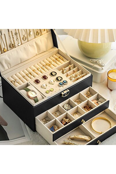 gaman Three Layer 2 Drawer Jewelry Box - Large Capacity, Necklace, Earring, Ring and Watch Organizer