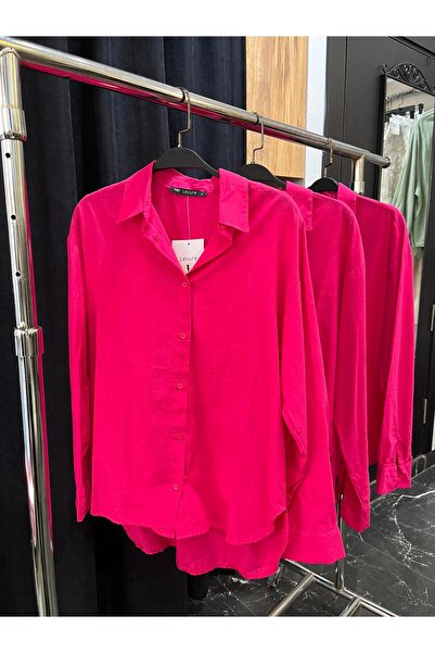 Butik pamuk keten gömlek fuşya