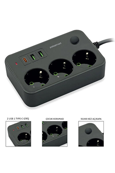 EXENAR USB Type-C Priz Dönüştürücü Şarj Adaptörü Priz-2 USB-1 Type-C 2 M Kablo Girişli Çoklu Fiş 2500W