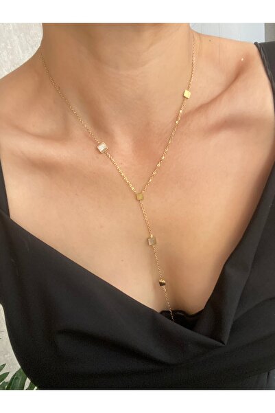 Byoz store Çelik gold zincir üzeri sedefli kare plaka Y kadın kolye