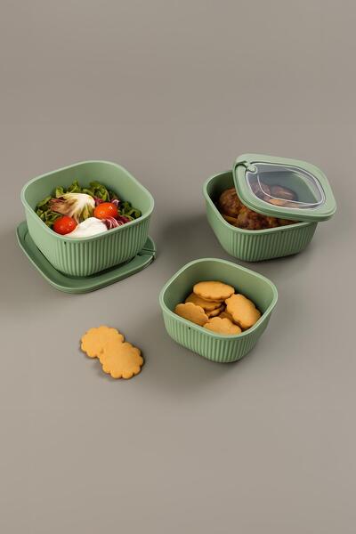 EWs Square 3 Piece Vacuum Sealed Air-Free Storage Container Set Green (1800/1100/600 ml)