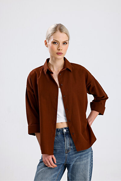 nikka Kadın Kahverengi Oversize Uzun Basic Gömlek