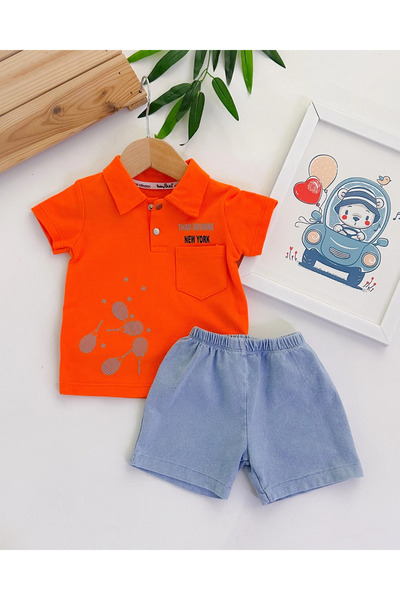 Newyork tennıs gömlek yaka tshırtlü örme kot şortlu yazlık 2li takım