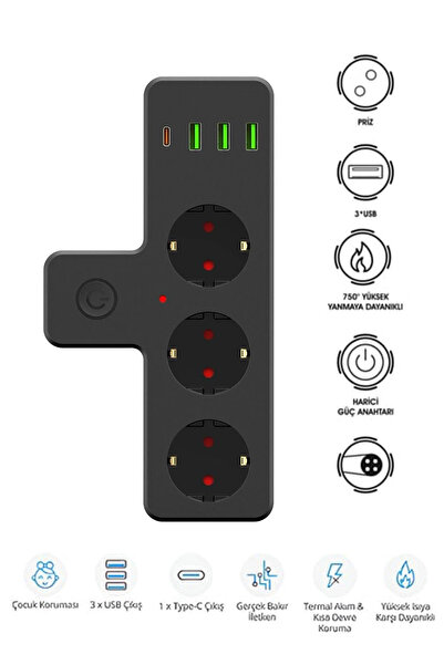 EXENAR USB Type-C Priz Dönüştürücü Şarj Adaptörü Priz-3 USB-1 Type-C Girişli Çoklu Fiş Priz Çoklayıcı 2500W