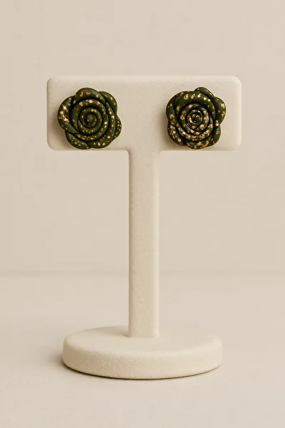 Lu Atelier ✨   Éclat Vert – Khaki & Gold Sparkling Rose Earrings ✨