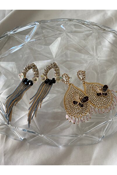 Home 2'li Gösterişli Küpe Seti - Kristalli Zincirli & Kelebek Detaylı Işıltılı Küpeler