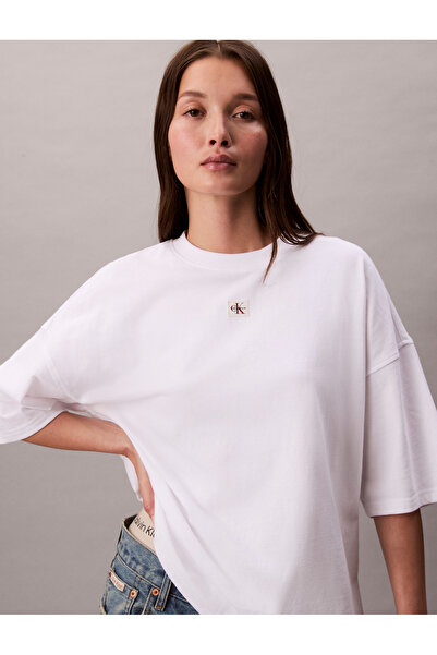 Calvin Klein Women Brilliant White Logo Relaxed Fit Crew Neck T-Shirt