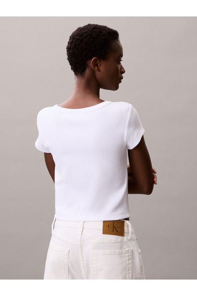 Calvin Klein Women Brilliant White Slim Fit Ribbed Cotton Badge T-shirt