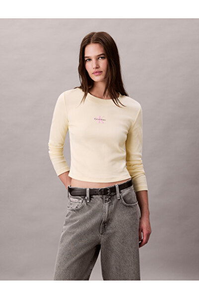 Calvin Klein Women Pear Sorbet Monogram Logo Long Sleeve Baby Tee