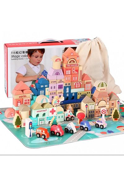 Ælements Set 115 wooden construction blocks 'My City', includes Urban Map Puzzle 55x42cm