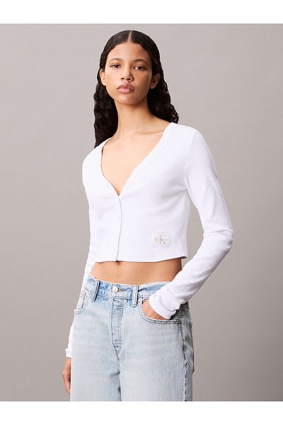 Calvin Klein Women Brilliant White Cropped Ribbed Cotton Cardigan T-Shirt