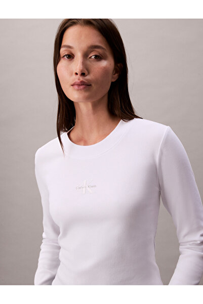 Calvin Klein Women Bright White Monogram Logo Long Sleeve Baby Tee