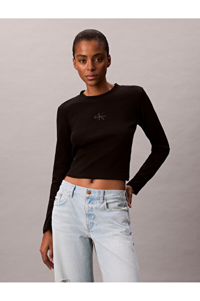 Calvin Klein Women Black Monogram Logo Long Sleeve Baby Tee