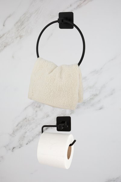 Patulya Aksesuar Black Square Ring Towel Holder Adhesive Black Outdoor Toilet Napkin Holder Set of 2 Bathroom Accessory Set