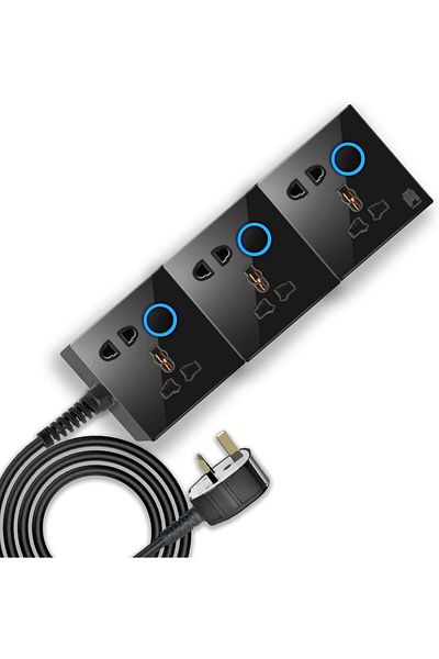 HASSAN Universal Glass Socket Triple Extension Board with Heavy Duty Cord, Sleek Design, and Neon In