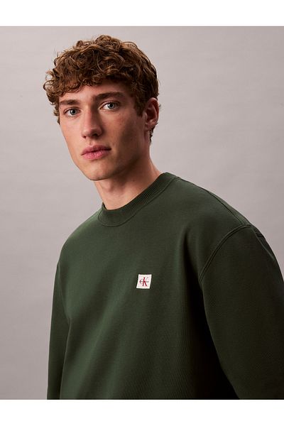 Calvin Klein Men Sycamore Cotton Terry Badge Crew Neck Pullover Sweatshirt