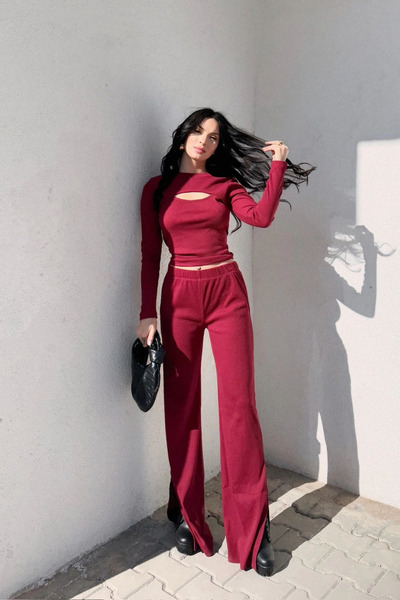 Siner Fashion Women's Long Sleeve Low-Cut Blouse with Spanish Leg Slit Pants Bottom Top Set